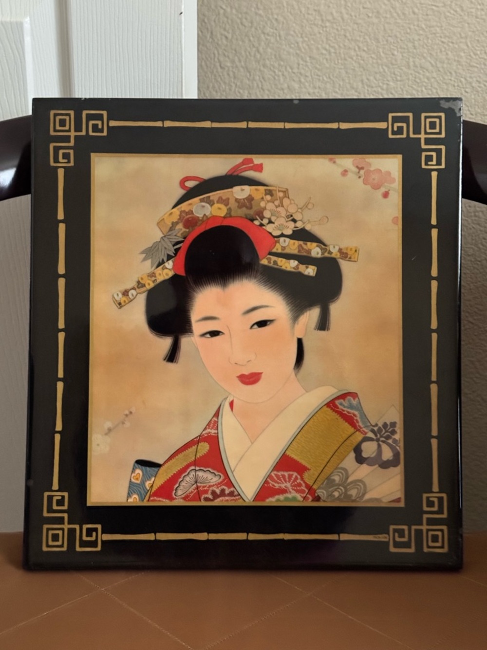Vintage Japanese Geisha Art Plaque in Black with Red Accents